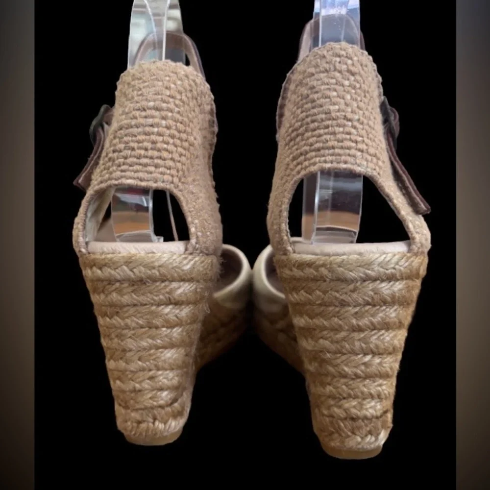 Giamo Anthro beige suede 3” wedge heel espadrilles w brwn lthr strp SZ 8 coastal